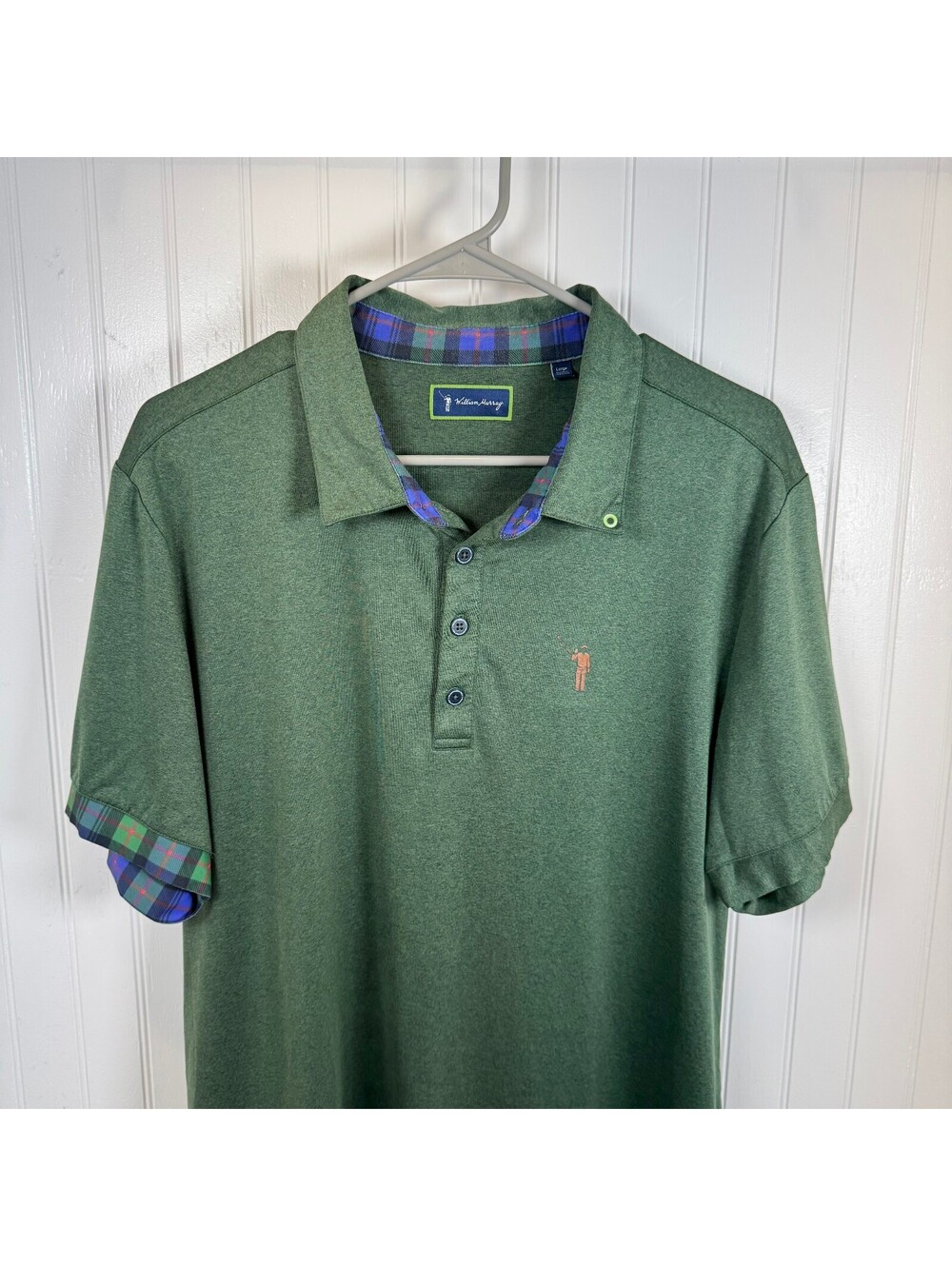 William Murray Men's Golf Performance Polo Shirt Green Plaid Trim Size Large